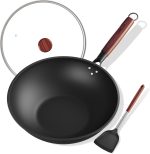 Carbon Steel Wok 13-Inch Wok Pan with Glass Cover Silicone Spatula, Non-Stick Surface Woks & Stir-Fry Pans Pre-Seasoned Chinese Wok Pan for Induction, Electric, Gas Stoves Cooking