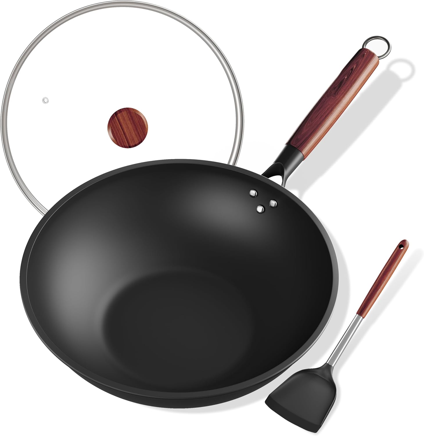 71GLM4fggrL._AC_SL1500_.jpg Carbon Steel Wok 13-Inch Wok Pan with Glass Cover Silicone Spatula, Non-Stick Surface Woks & Stir-Fry Pans Pre-Seasoned Chinese Wok Pan for Induction, Electric, Gas Stoves Cooking - Image 1
