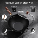 13-Inch Carbon Steel Wok Pan with Glass Lid, Naturally Nonstick Pre-Seasoned Woks & Stir-Fry Pans, No Chemical Coating, Flat Bottom for Induction, Gas, Electric, Halogen & All Stoves - Image 2