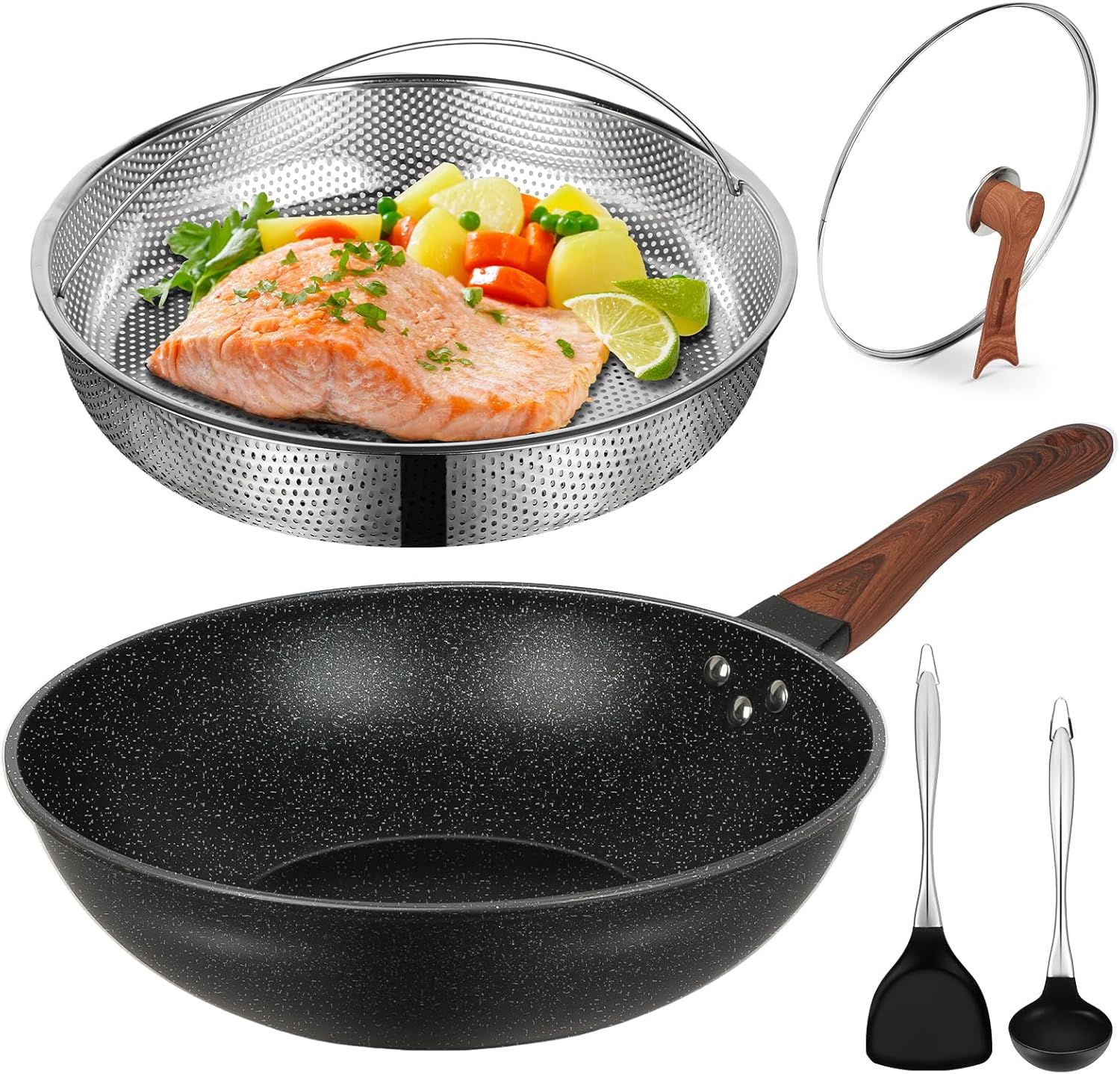 81pH5sRq8vL._AC_SL1500_.jpg 13'' Nonstick Wok, Woks & Stir-Fry Pans Non Stick Wok with Lid and Steamer Basket Spatula Ladle, 100% PFOA Free Induction Wok Pan for Electric, Gas, Halogen, All Stoves - Image 1